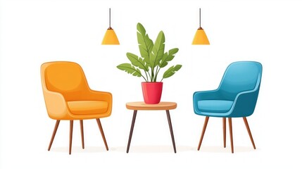 Poster - Cozy Modern Living Room with Bright Chairs and Green Plant in a Minimalist Setting