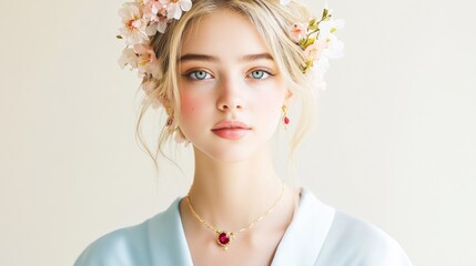 Aufkleber - Young woman with floral headpiece and elegant jewelry on soft background