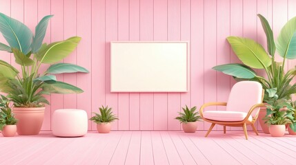 Poster - Modern Minimalist Interior with Pink Walls and Tropical Plants