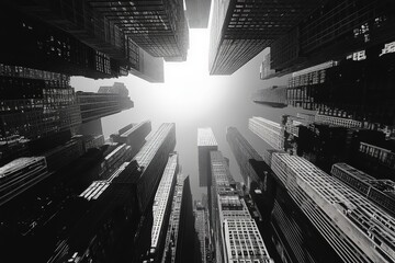 Aufkleber - Views of towering skyscrapers reaching towards the sky in a monochrome urban landscape