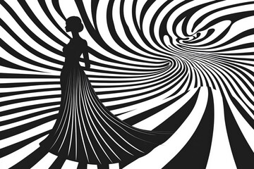 Aufkleber - Elegant silhouette of a woman in a flowing dress against a striking black and white swirl design