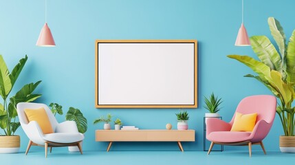 Poster - Modern Living Room with Colorful Furniture and Decorative Plants
