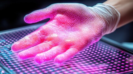 Poster - Gloved Hand in Colorful Neon Lights with Dots Pattern and Texture
