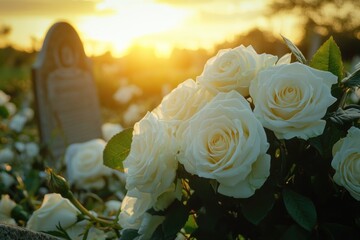 A bouquet of white roses placed beside a grave, suggesting a sense of mourning or remembrance