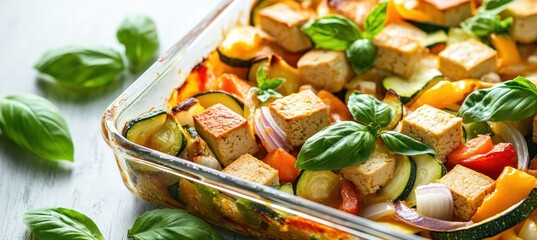 Wall Mural - Delicious vegetarian meal with tofu and vegetables baking in glass tray