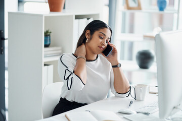 Aufkleber - Phone call, medical and businesswoman in office with neck pain, injury or accident for stress. Burnout, cellphone and female attorney on mobile discussion for telehealth with poor posture and tension