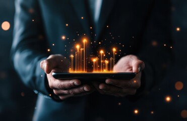 Leinwandbilder - Hands Holding Smartphone with Digital Data Visualization Concept