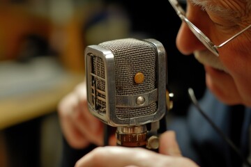 Wall Mural - A close-up shot of a person holding a microphone, suitable for music or speech-related themes