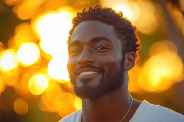 Wall Mural - Smiling man against a vibrant sunset background radiating warmth and positivity in an outdoor setting