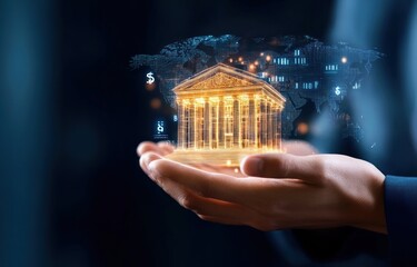 Aufkleber - Digital Concept of Banking with Hand Holding Golden Bank Structure