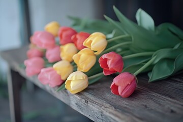 Sticker - A bouquet of tulips arranged on a wooden table, perfect for decoration or as a symbol of love and friendship