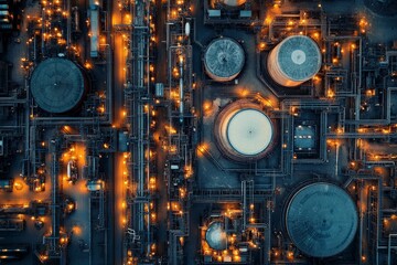 Poster - Industrial facility at night reveals intricate networks of pipes and storage tanks illuminated by golden lights