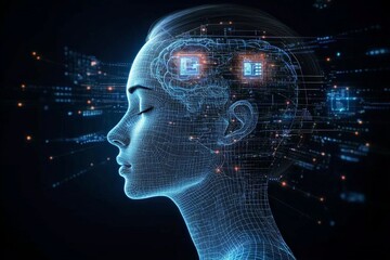 Fototapete - Exploring the fusion of technology and human cognition in a digital representation