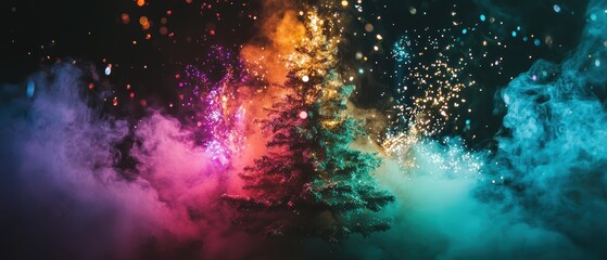 Wall Mural - Smoke Christmas tree Concept. Vibrant abstract background featuring colorful smoke and sparkling particles, creating a mystical atmosphere.