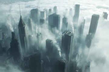 Poster - City skyline shrouded in fog with smoke rising from buildings at dawn