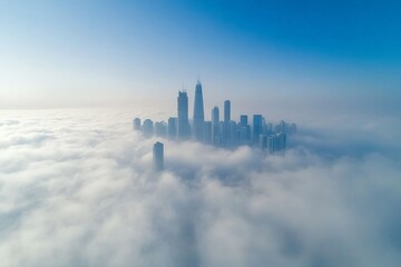 Poster - City skyline emerging from a thick layer of fog during early morning hours captured from above