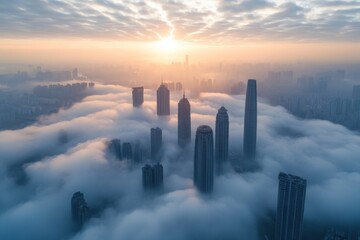 Poster - City skyline emerges from fog at sunrise over urban landscape with towering buildings and soft clouds in the atmosphere