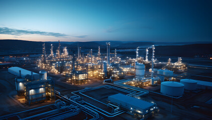 Wall Mural - The tank is in the light of the industrial area. With the sky of the sunset.

