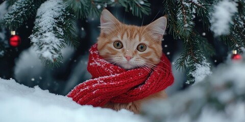 Wall Mural - Festive Cat in Winter Wonderland