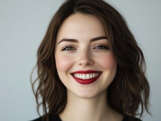 Wall Mural - Elegant Smile of a Young Woman with Red Lipstick and Short Hair.