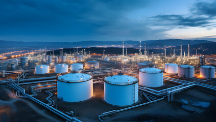 Wall Mural - The tank is in the light of the industrial area. With the sky of the sunset.
