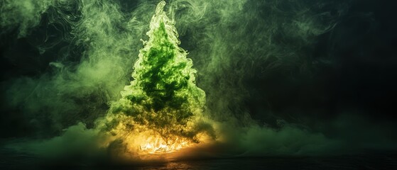 Canvas Print - Smoke Christmas tree Concept. A vibrant green tree emerges from swirling mist, illuminated by a warm glow beneath, creating a mystical and enchanting atmosphere.