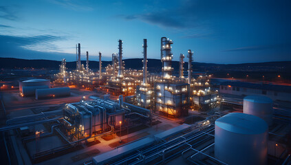 Wall Mural - The tank is in the light of the industrial area. With the sky of the sunset.
