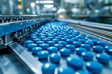 Fototapete - Manufacturing process of blue tablets in a pharmaceutical facility at daytime