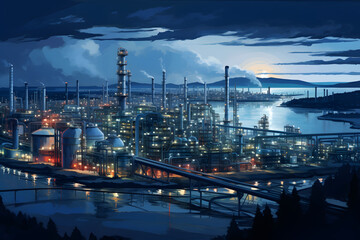 Wall Mural - The tank is in the light of the industrial area. With the sky of the sunset.

