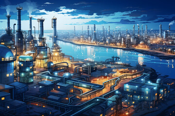 Wall Mural - The tank is in the light of the industrial area. With the sky of the sunset.
