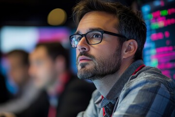 Poster - Focused analyst monitors data trends in a high-tech control room during evening hours