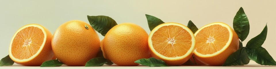 Poster - Fresh oranges with leaves arranged on a table, great for food or still life photography