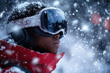 Wall Mural - A person wearing a red jacket and goggles in a snowy landscape, suitable for winter sports or outdoor activities