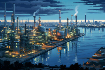 Wall Mural - The tank is in the light of the industrial area. With the sky of the sunset.
