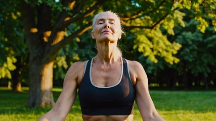 Poster - Senior woman practicing mindful meditation in lush park setting, embodying wellness through gentle breathing and peaceful connection with natural surroundings, radiating inner calm and vitality