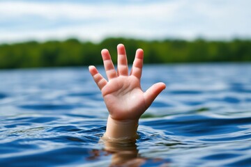 A child's small hand reaching out of blue water.