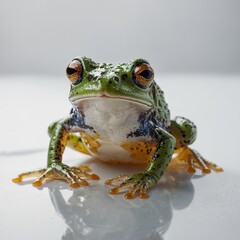 A frog with glass-like transparency, appearing weightless against a white background.