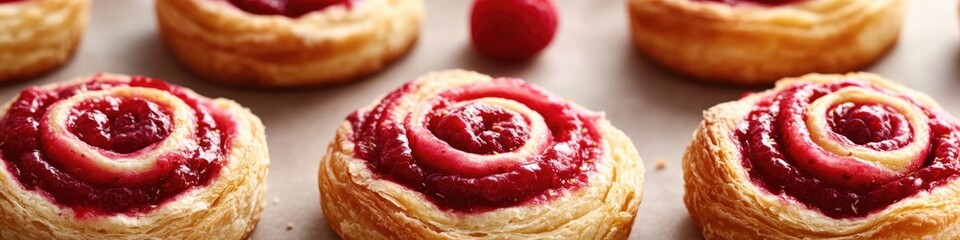 Wall Mural - A close-up shot of a flaky pastry filled with sweet raspberry filling