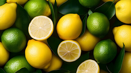 Sticker - A vibrant image showcasing fresh lemons and limes scattered with green leaves, highlighting their bright yellow and green colors in a lively arrangement.