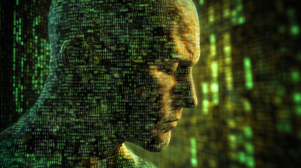 Human face integrated with digital binary code in futuristic cyberspace, ideal for artificial intelligence concepts, cybersecurity visuals, and technology-related presentations