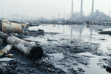 Wall Mural - A large pipe sits atop a muddy field