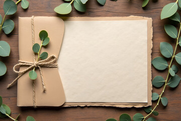 Wall Mural - A blank invitation card made from textured kraft paper, tied with twine and placed on a wooden background with eucalyptus leaves