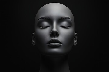 Wall Mural - A serene, monochromatic mannequin head with closed eyes, showcasing smooth features against a dark backdrop, conveying a sense of calm and introspection.