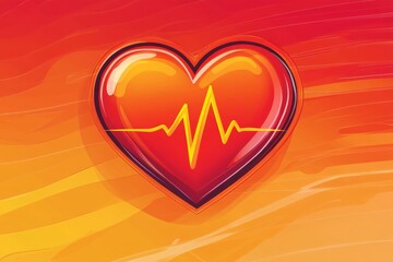 Poster - Bright heart symbol with heartbeat line on vibrant orange and red background creates a striking visual representation of love and life