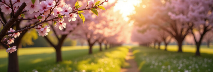 Wall Mural - softly shining light falls blooming trees serene peaceful natural landscape warm sunny day