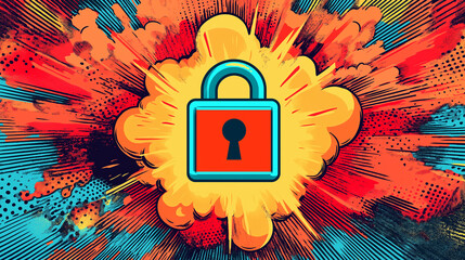 Pop art padlock icon. Colorful background in pop art retro comic style.