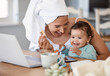© peopleimages.com - Woman, baby and happy in home with remote work, bonding and streaming cartoon on laptop. Entrepreneur mom, toddler and tech in living room for entertainment, small business update and snack recipes