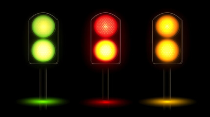 Wall Mural - Three Illuminated Traffic Lights Against Black Background