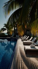 Poster - A vibrant shot of striped towels rolled on contemporary lounge beds by a lagoon-style pool, lush tropical foliage bordering the scene.