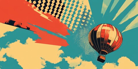 Canvas Print - A dynamic pop art illustration of a hot air balloon with bold red, yellow, and black patterns, soaring against an abstract, colorful background with graphic elements and halftone dots